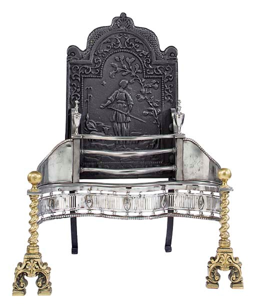 An English steel, brass and cast iron firegrate, 20th century