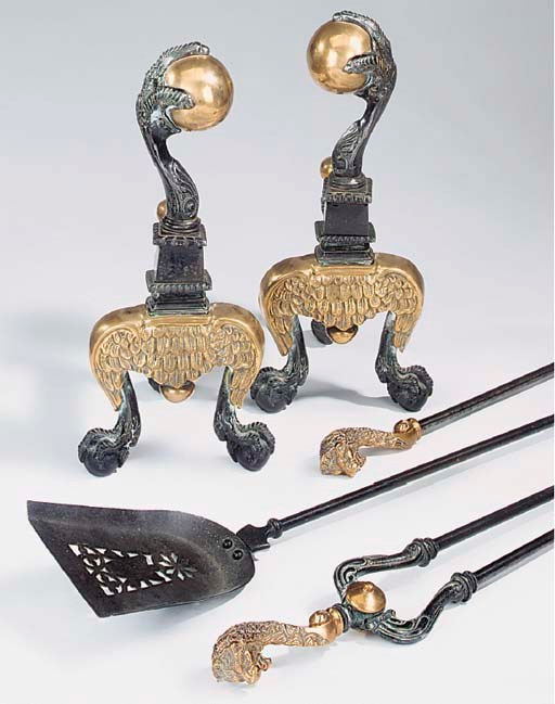 A set of Victorian steel and copper alloy fire irons, late 19th century