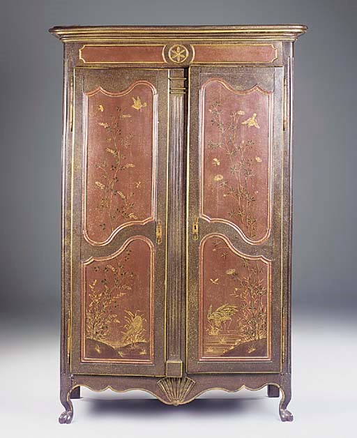 A French scarlet lacquer and chinoiserie decorated armoire, 19th century