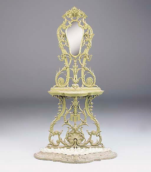 A French green and cream painted iron hall stand, late 19th century
