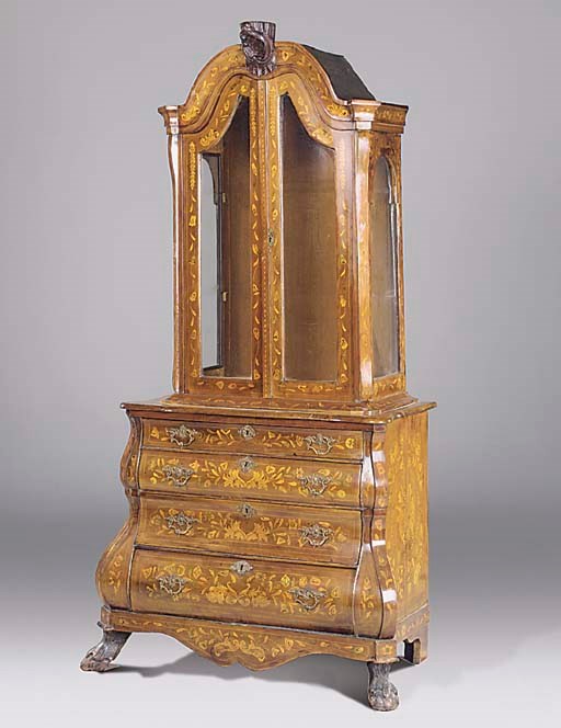 A Dutch mahogany and marquetry display cabinet on chest, 19th century