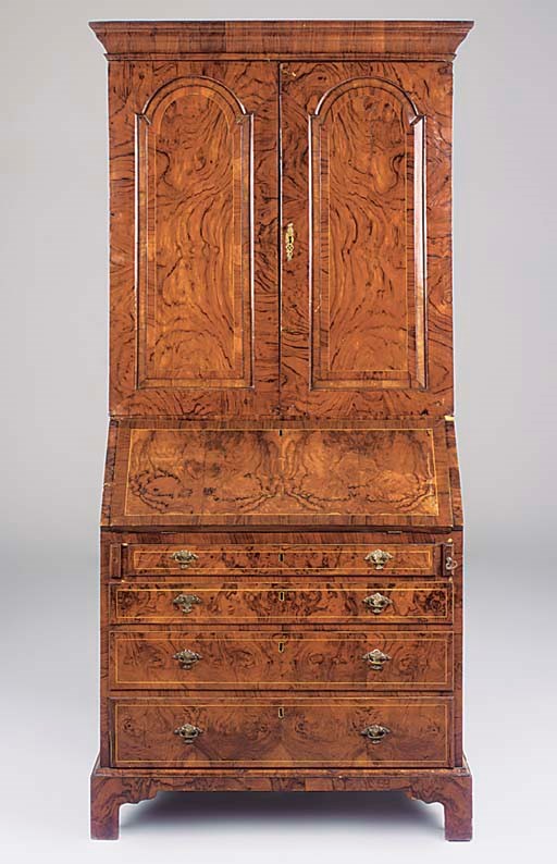 A WALNUT CROSSBANDED AND INLAID BUREAU CABINET, 18TH CENTURY AND LATER, with associated parts