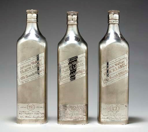 THREE SILVER "JOHNNIE WALKER" BOTTLES,