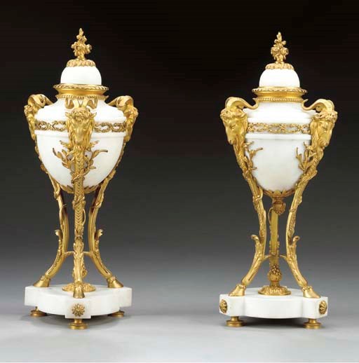A pair of Louis XVI style ormolu-mounted white marble atheniennes,