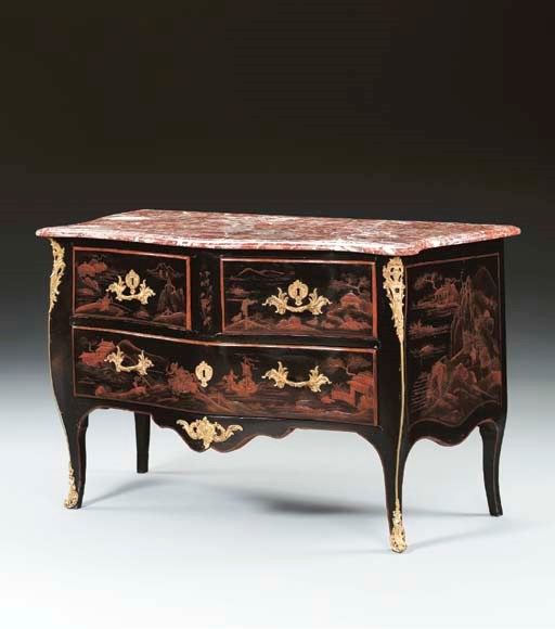 A LOUIS XV ORMOLU-MOUNTED RED, GILT AND BLACK LACQUER COMMODE