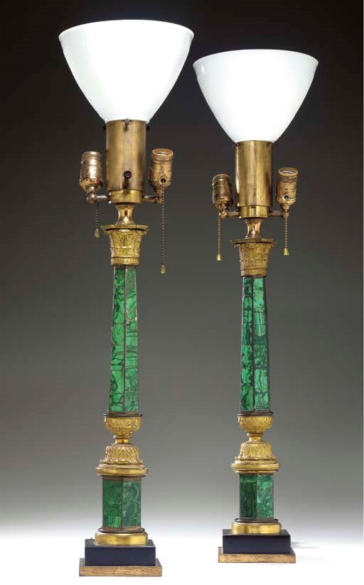 A PAIR OF LOUIS-PHILLIPE MALACHITE AND ORMOLU CANDLESTICKS MOUNTED AS LAMPS,