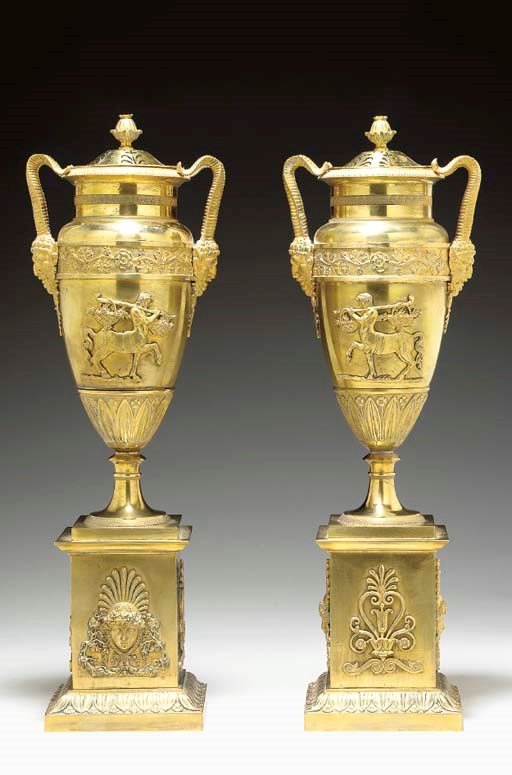 A PAIR OF EMPIRE STYLE ORMOLU BRULE PARFUMS,