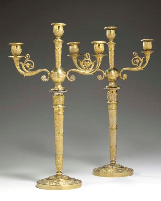 A PAIR OF EMPIRE STYLE GILT-METAL THREE-BRANCH CANDELABRA,