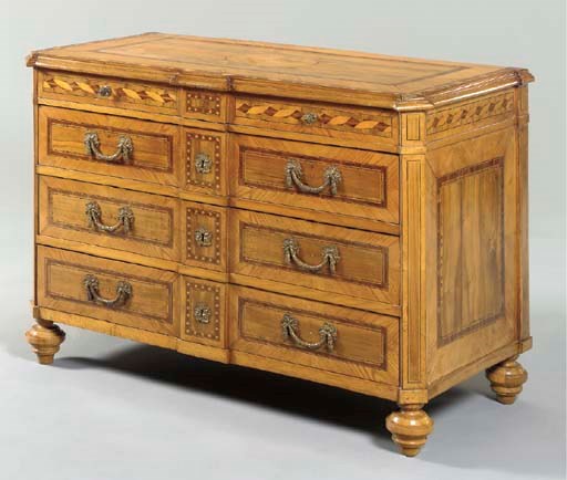 A SOUTH GERMAN NEOCLASSIC WALNUT, OAK AND MARQUETRY COMMODE,