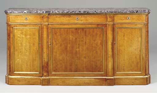 A LOUIS XVI STYLE BRASS-MOUNTED EBONY-INLAID MAHOGANY BUFFET,