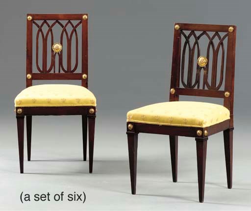 A SET OF SIX CONTINENTAL NEOCLASSIC GILT-METAL MOUNTED MAHOGANY DINING CHAIRS,