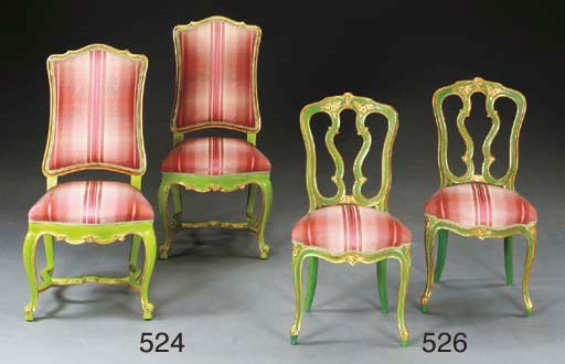 A PAIR OF LOUIS XV STYLE GREEN-PAINTED AND PARCEL-GILT SIDE CHAIRS,