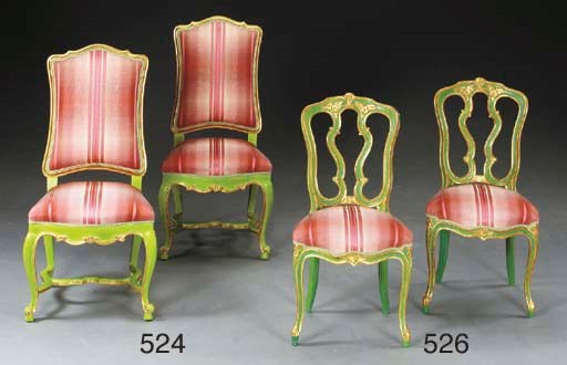 A PAIR OF ITALIAN ROCOCO STYLE GREEN-PAINTED AND PARCEL-GILT SIDE CHAIRS,