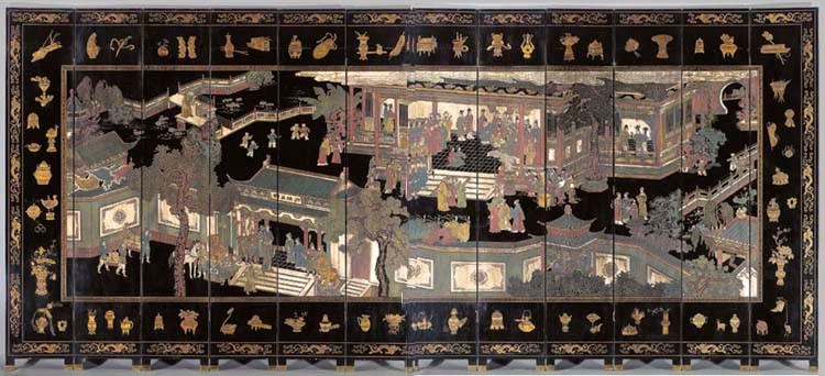 A CHINESE BLACK AND POLYCHROME-COROMANDEL LACQUER TWELVE PANEL SCREEN,