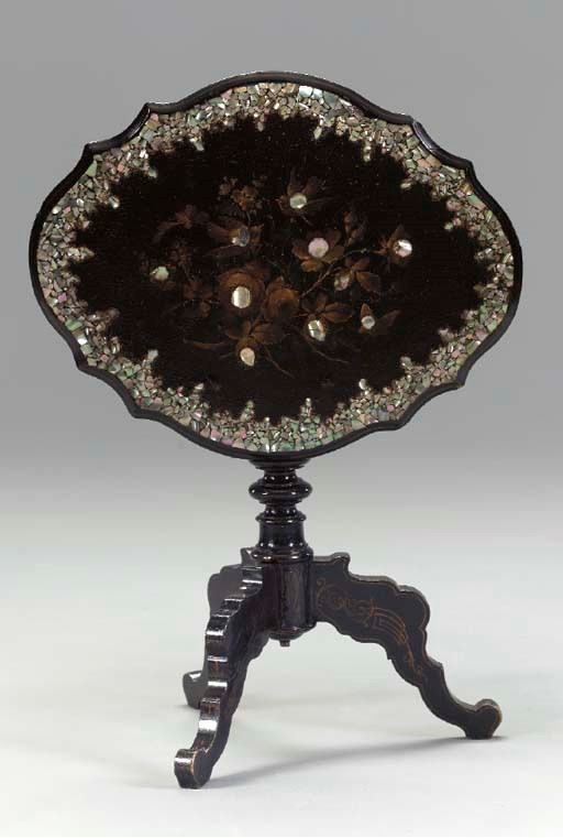 A VICTORIAN MOTHER-OF-PEARL INLAID AND BLACK JAPANNED PAPIER MACHE TRIPOD TABLE,