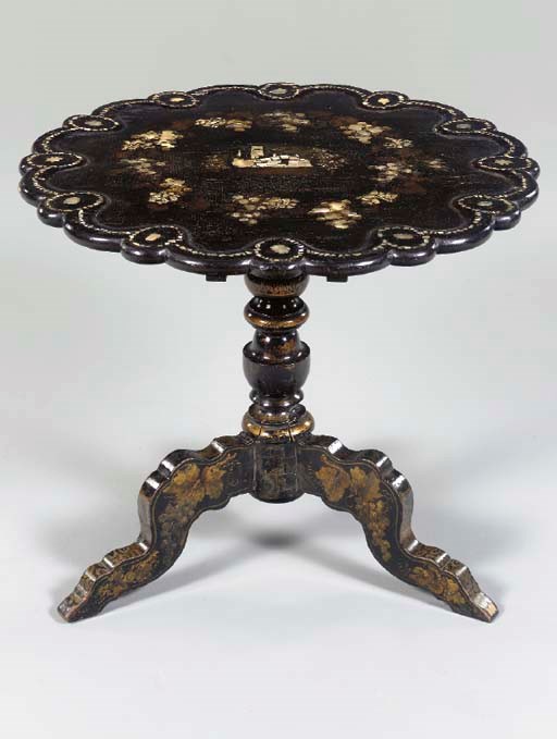 A VICTORIAN MOTHER-OF-PEARL INLAID BLACK AND GILT JAPANNED TRIPOD TABLE,