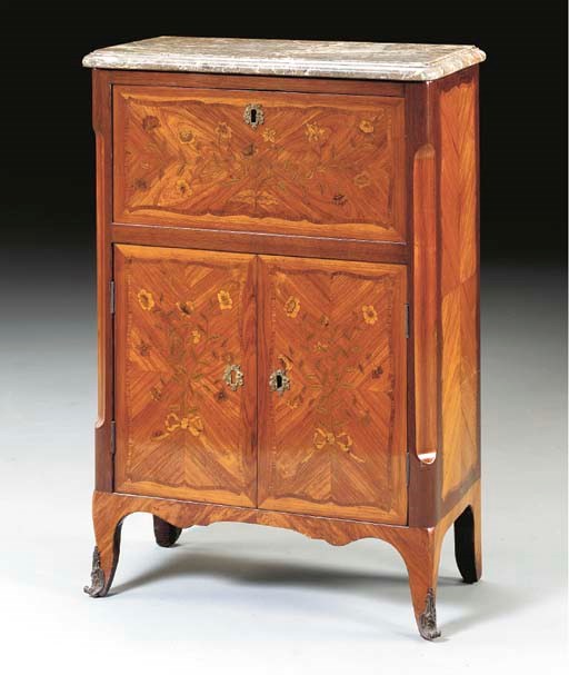 A LOUIS XV/XVI TULIPWOOD, AMARANTH AND FLORAL MARQUETRY SMALL SECRETAIRE A ABATTANT,
