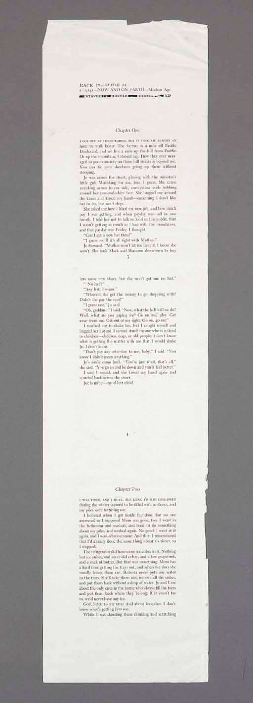 THOMPSON, Jim. (1906-1977). Now and on Earth. New York: Modern Age, [1942.] 85 large galley sheets, printed on proofing paper on rectos only (folded twice, some chipping to edges, last sheets with some tears and staining). Housed in a red cloth folding case.