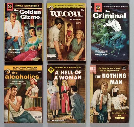 THOMPSON, Jim. The Killer Inside Me. New York: Lion Book, 1952. -- The Alcoholics. New York: Lion Book, 1953. -- Recoil. New York: Lion Book, 1953. -- The Criminal. New York: Lion Book, 1953. -- Bad Boy. New York: Lion Book, 1953. -- A Hell of a Woman. New York: Lion Book, 1954. -- The Golden Gizmo. New York: Lion Book, 1954. -- A Swell-Looking Babe. New York: Lion Book, 1954. -- The Nothing Man. New York: Dell, 1954. -- After Dark, my Sweet. New York: Popular Library, 1955. -- The Kill-Off. New York: Lion Book, 1957. -- Wild Town. New York: Signet, 1957. -- The Grifters.  Evanston: Regency, 1963. -- Pop. 1280. Greenwich: Gold Medal, 1964. -- Texas by yhe Tail. Greenwich: Gold Medal, 1965. -- Texas by the Tail. Greenwich: Gold Metal, 1965. -- South of Heaven. Greenwich: Gold Metal, 1967. -- Ironside. New York: Popular Library, 1967. -- Nothing but a Man. New York: Popular Library, 1970. -- and 10 others. Together 18 volumes. 8o. Original pictorial wrappers (mostly with minor wear to spine and edges). All FIRST EDITIONS. 	 (28)