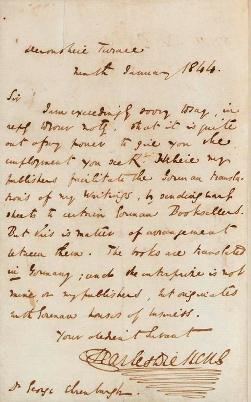 DICKENS, Charles. Autograph letter signed ("Charles Dickens," with large flourish) to Dr. George Shrenburgh, Devonshire Terrace, London, 9 January 1844. 1 page, 8vo, minor repair in upper margin, tipped to a protective sheet.
