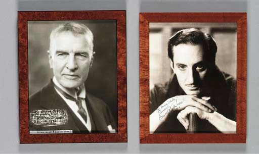 [DOYLE, Arthur Conan, Sir]. RATHBONE, Basil (1892-1967), Actor. Photograph inscribed and signed ("Basil Rathbone"), n.p., n.d. [c. 1940]. 10 x 8 in., framed, unexamined out of frame. A fine black and white image of the handsome actor staring directly into the camera, chin resting on his hands. Rathbone's left hand is supported by a book, while the right holds a cigarette. The actor has inscribed the photo to "Miss Edith." Rathbone, a great character actor, was widely praised for his portrayal of Sherlock Holmes in a series of movies produced in the 1940s. -- GILLETTE, William (1853-1937), Actor. Photograph inscribed and signed ("William Gillette"), n.p., 16 January 1936. 10 x 8 in., framed, unexamined out of frame. A fine black and white image of the aged actor neatly inscribed in the lower left corner "To Edward S. Hipp  With greeting & good wishes  William Gillette  Jan. 16, 1936." Gillette has neatly erased an area of the photograph, removing a portion of his black suit, and has written the inscription in the erased area. On a separate piece of paper below the inscription, someone has written in a different hand "How's that for an idea?" Gillette is well-known for playing the lead in Sherlock Holmes -- A Drama in Four Acts, a play which he had personally rewritten from the Doyle originals. The play remained on stage for 33 years. Gillette's portrayal of Holmes wearing a deerstalker cap and smoking a calabash pipe established those props as a permanent part of the popular Holmes' image. Together 2 items. 	 (2)