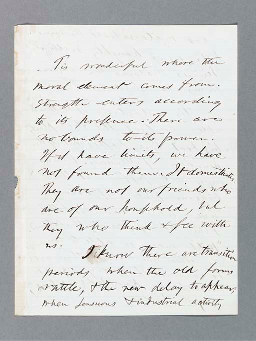 EMERSON, Ralph Waldo (1803-1882). Autograph manuscript, a portion of an essay or lecture, possibly his "Morals," delivered in Boston at the Freeman Place Church of the Disciples, 4 December 1859. N.p., n.d. [Concord, early 1859?]. 2 pages, 4to, in brown ink on recto and verso of a single sheet of lined paper, evidence of former mounting in left margin. Blue morocco folding case.