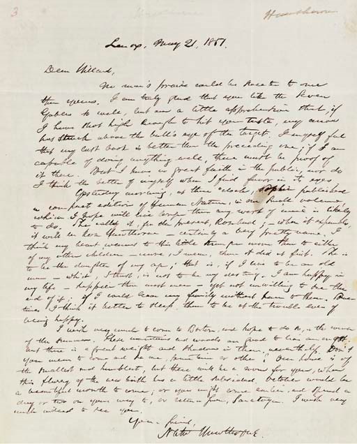 HAWTHORNE, Nathaniel (1804-1864). Autograph letter signed ("Nath. Hawthorne") to George S. Hillard, Esq., (1808-1879) of Boston; Lenox [Massachusetts], 21 May 1867.