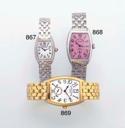 FRANCK MULLER. A LADY'S STAINLESS STEEL TONNEAU-SHAPED WRISTWATCH WITH BRACELET