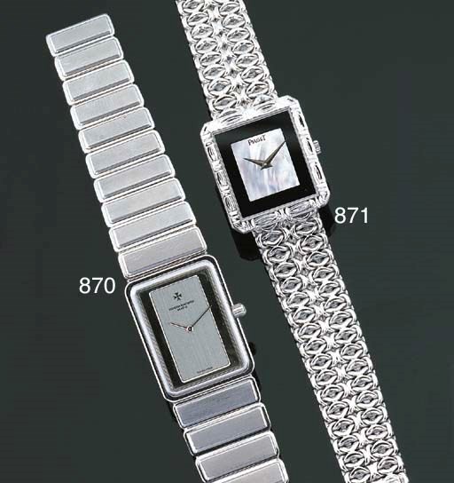 PIAGET. AN 18K WHITE GOLD RECTANGULAR WRISTWATCH WITH BRACELET, MOTHER-OF-PEARL AND ONYX DIAL