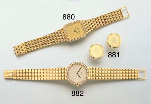PATEK PHILIPPE. AN 18K GOLD AND DIAMOND-SET RECTANGULAR WRISTWATCH WITH BRACELET