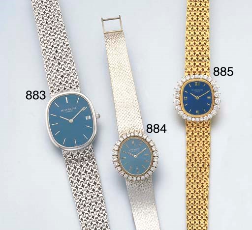PATEK PHILIPPE. A LADY'S 18K GOLD AND DIAMOND-SET OVAL WRISTWATCH WITH BRACELET