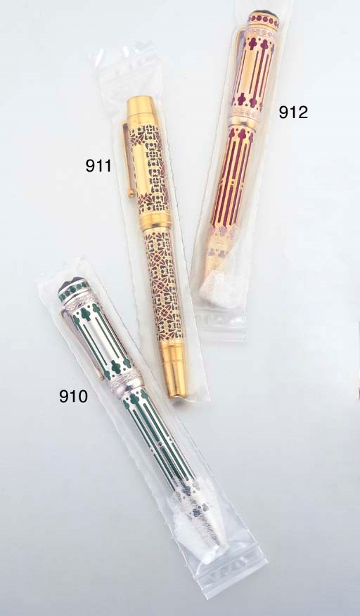 MONTBLANC. A FINE LIMITED EDITION 18K GOLD, RESIN AND RUBY-SET FOUNTAIN PEN