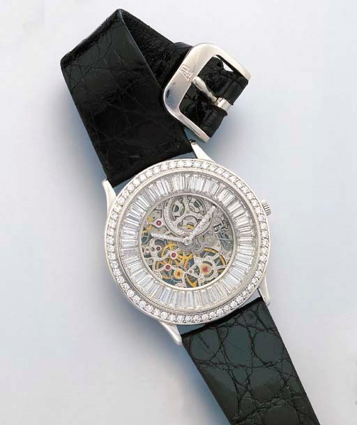 AUDEMARS PIGUET. A SUPERB PLATINUM AND DIAMOND-SET SELF-WINDING SKELETONISED WRISTWATCH