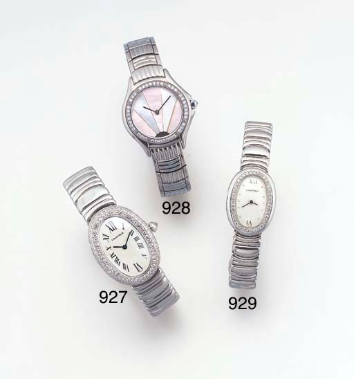 CARTIER. A LADY'S 18K WHITE GOLD AND DIAMOND-SET OVAL WRISTWATCH WITH BRACELET