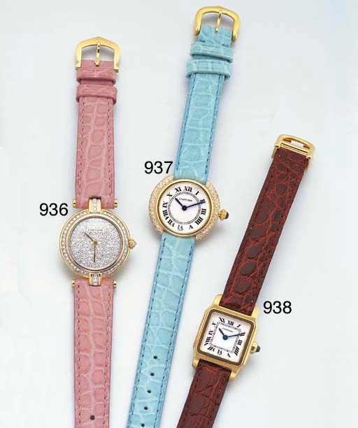 CARTIER. A LADY'S 18K THREE-COLOURED GOLD AND DIAMOND-SET WRISTWATCH