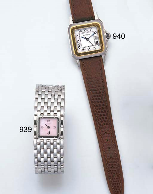 CARTIER. A LADY'S STAINLESS STEEL SQUARE WRISTWATCH WITH BRACELET AND MOTHER-OF-PEARL DIAL