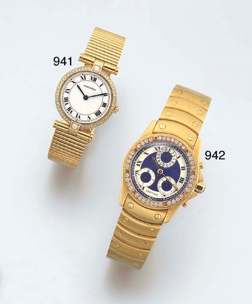 CARTIER. AN 18K GOLD AND DIAMOND-SET CHRONOGRAPH WRISTWATCH WITH DATE AND BRACELET