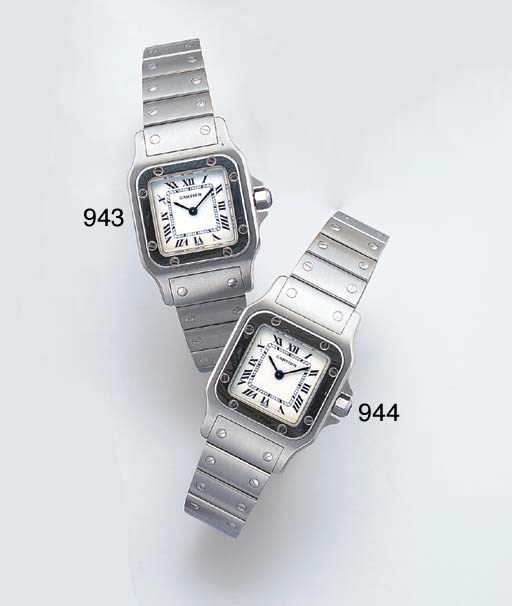 CARTIER. A LADY'S STAINLESS STEEL SQUARE WRISTWATCH WITH BRACELET