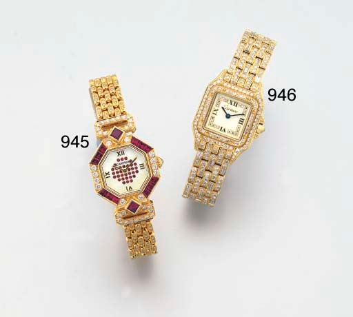 CARTIER. A FINE AND RARE LADY'S 18K GOLD, DIAMOND AND RUBY-SET HEXAGONAL WRISTWATCH WITH BRACELET AND MOTHER-OF-PEARL DIAL