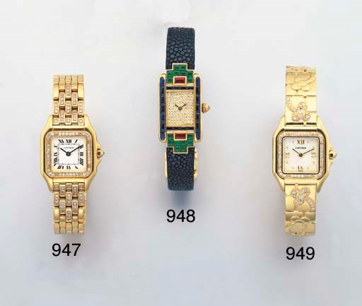 CARTIER. A LADY'S 18K GOLD AND DIAMOND-SET SQUARE WRISTWATCH WITH BRACELET