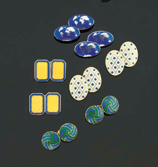 FOUR PAIRS OF SILVER OR SILVER GILT AND ENAMEL CUFFLINKS