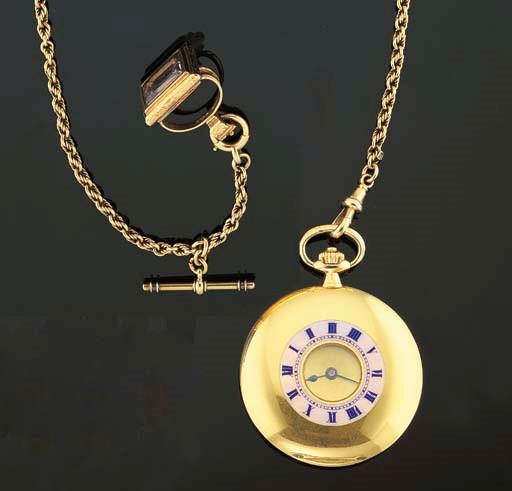 SWISS. AN 18K GOLD AND ENAMEL HALF-HUNTER CASED KEYLESS LEVER WATCH