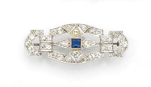 An Art Deco platinum and gold, sapphire and diamond brooch