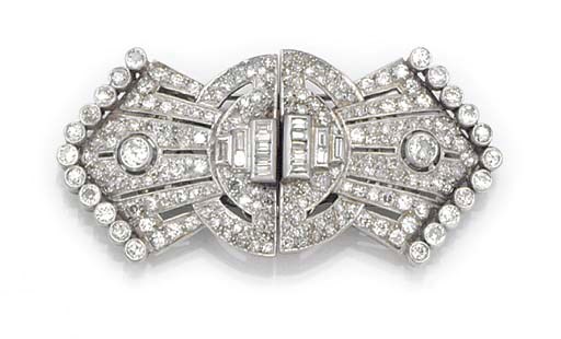 An Art Deco diamond and baguette diamond double clip brooch,