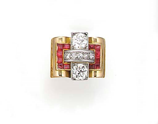 A 1940'S DIAMOND AND SYNTHETIC RUBY RING,