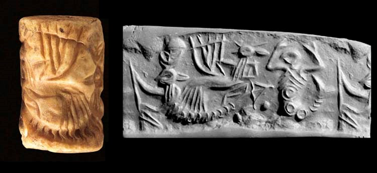A RARE SYRIAN CREAM STONE CYINDER SEAL WITH BOAT GOD SCENE