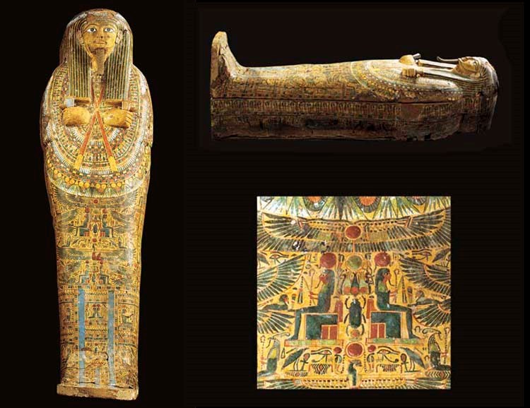 AN EGYPTIAN GESSO-PAINTED WOODEN ANTHROPOID SARCOPHAGUS AND MUMMY OF A PRIEST OF AMUN