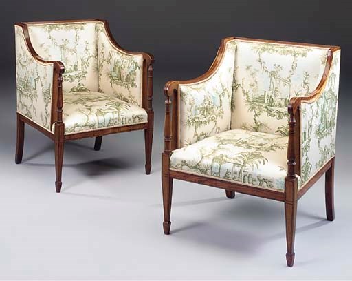 A PAIR OF EDWARDIAN SATINWOOD AND LINE INLAID BERGERES