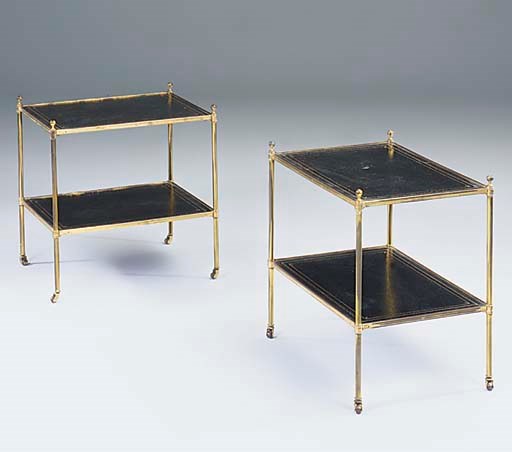A PAIR OF BRASS AND BLACK LEATHER TWO TIER ETAGERES