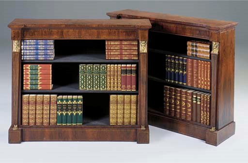 A PAIR OF ORMOLU MOUNTED ROSEWOOD AND BRASS INLAID DWARF OPEN BOOKCASES